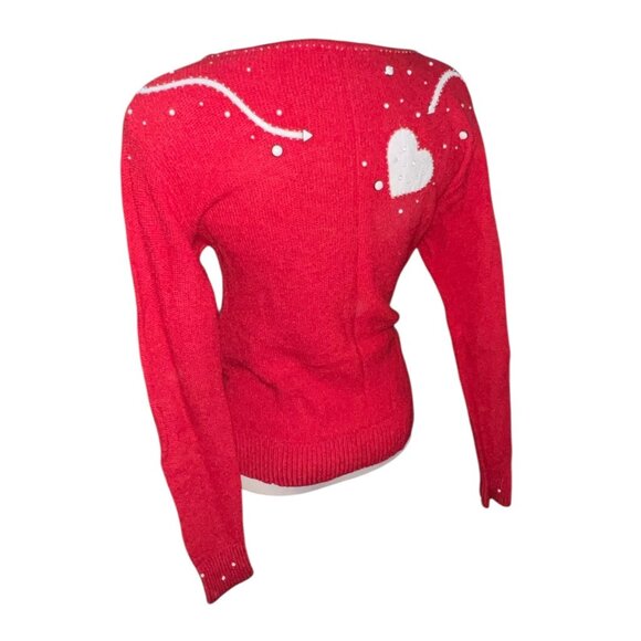 Vintage Smiths Aspen Red Knit Sweater W/ White Heart Design & Beaded Detailing - Picture 3 of 12